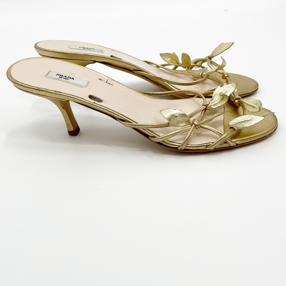 PRADA Greek Gold Floral Kitten Heels Shoes Sandals